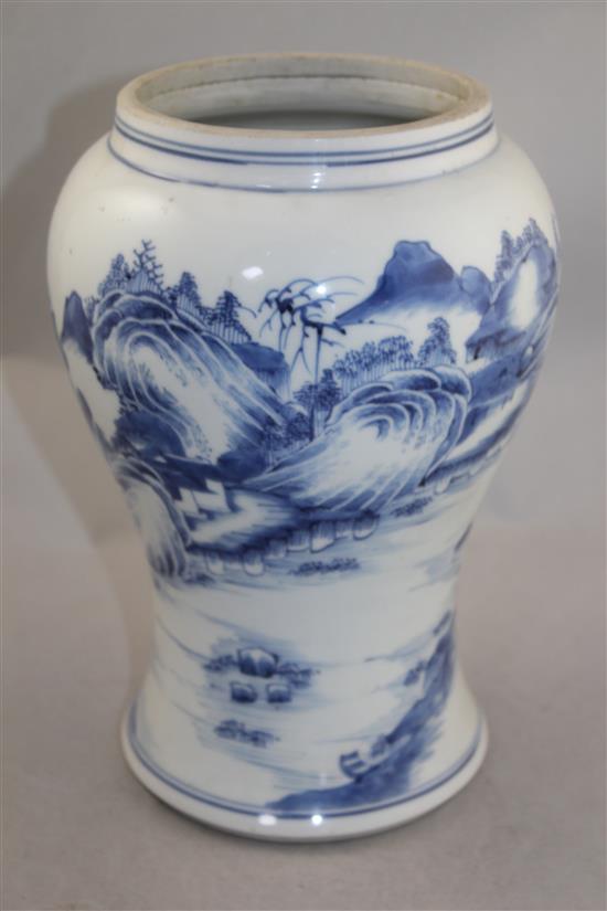 The base section of a Chinese blue and white yen-yen vase, Kangxi period, 25.5cm, neck reduced